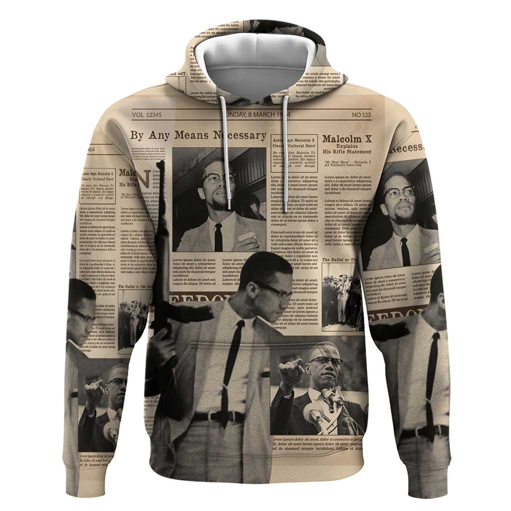 Malcolm X Zip Hoodie Vintage Newspaper Print Style - Wonder Print Shop