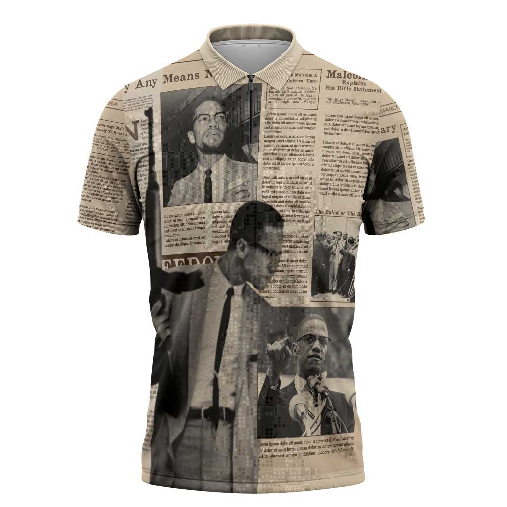 Malcolm X Zipper Polo Shirt Vintage Newspaper Print Style - Wonder Print Shop
