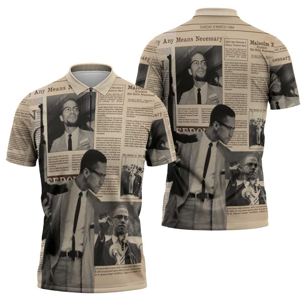 Malcolm X Zipper Polo Shirt Vintage Newspaper Print Style - Wonder Print Shop