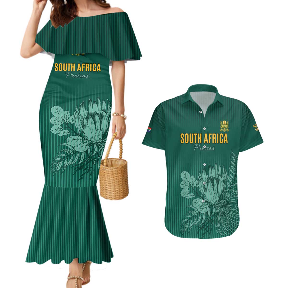 Custom South Africa Cricket Couples Matching Mermaid Dress and Hawaiian Shirt Road To Champions