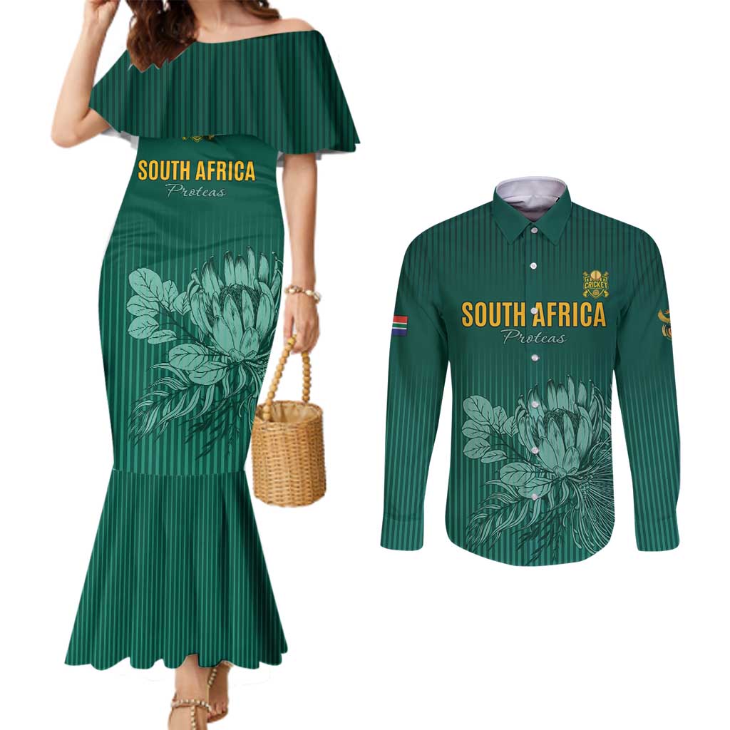 Custom South Africa Cricket Couples Matching Mermaid Dress and Long Sleeve Button Shirt Road To Champions