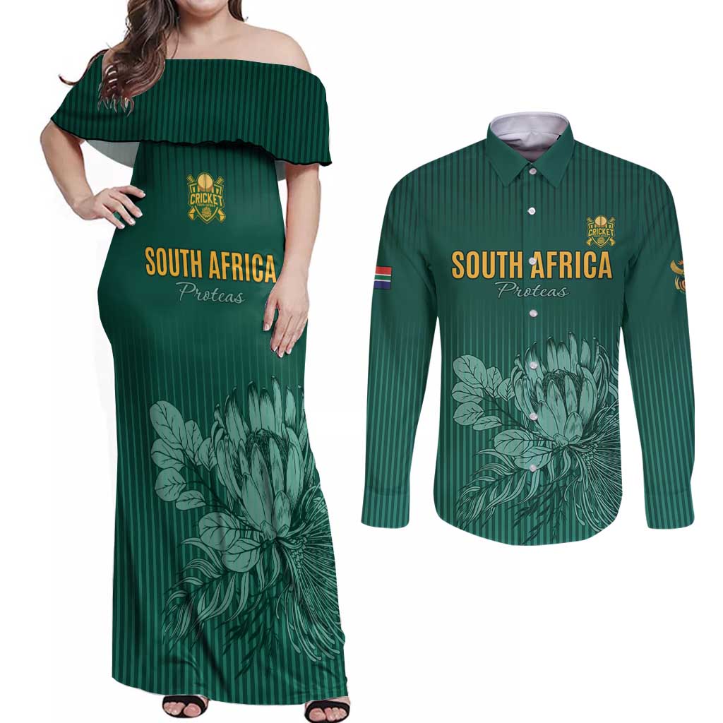 Custom South Africa Cricket Couples Matching Off Shoulder Maxi Dress and Long Sleeve Button Shirt Road To Champions