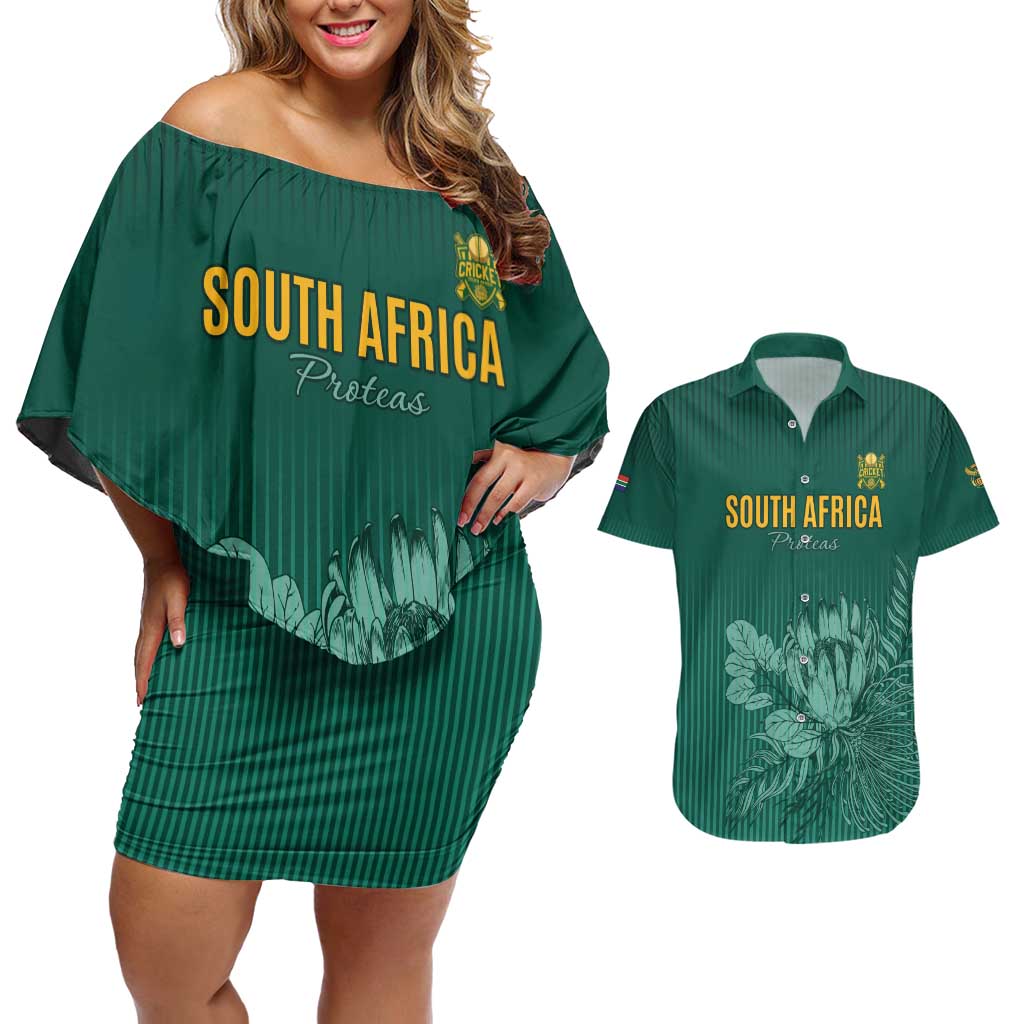 Custom South Africa Cricket Couples Matching Off Shoulder Short Dress and Hawaiian Shirt Road To Champions