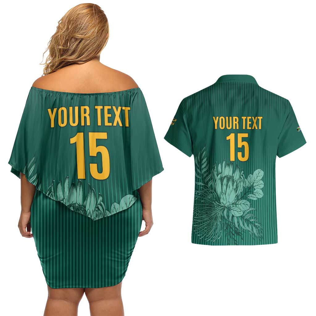 Custom South Africa Cricket Couples Matching Off Shoulder Short Dress and Hawaiian Shirt Road To Champions
