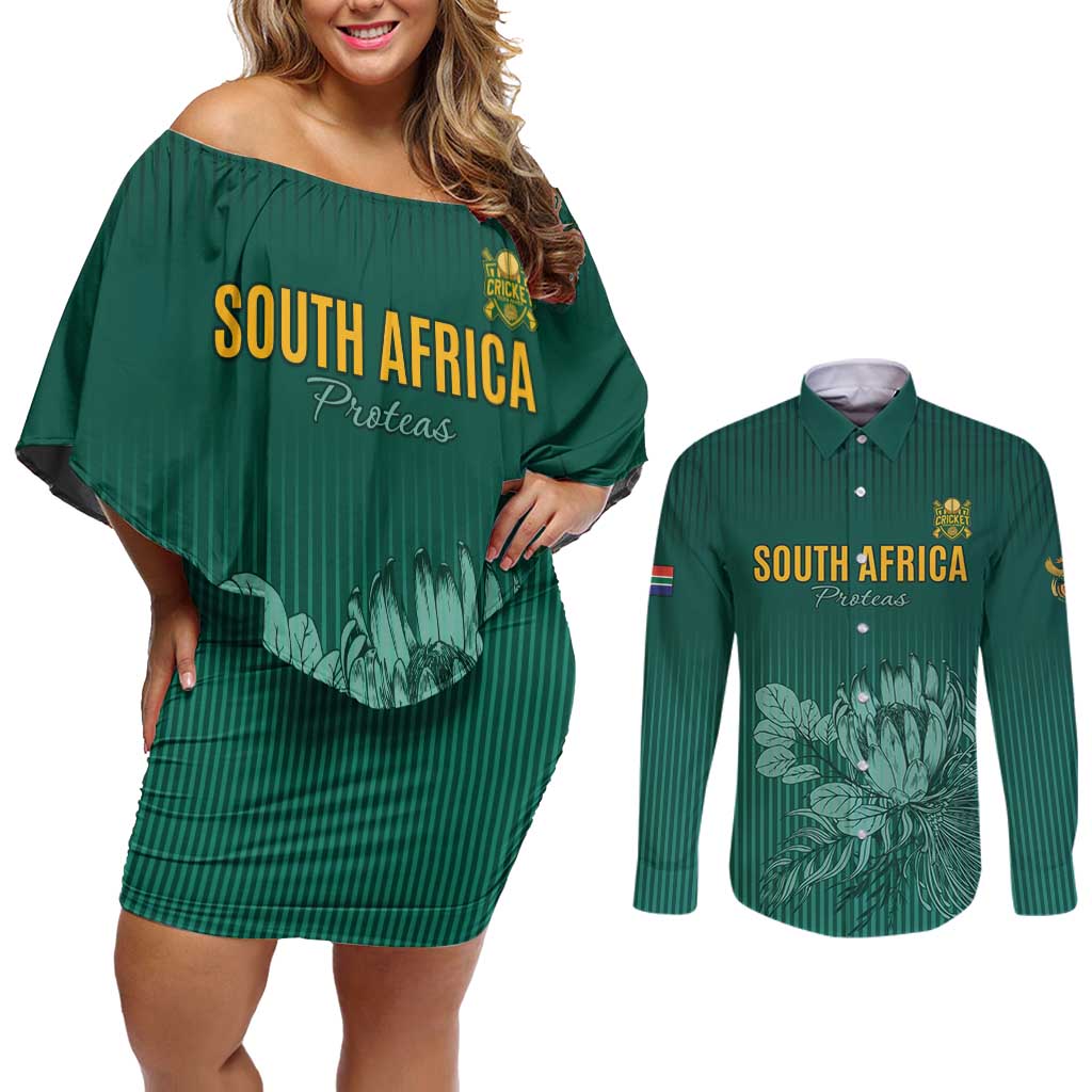 Custom South Africa Cricket Couples Matching Off Shoulder Short Dress and Long Sleeve Button Shirt Road To Champions