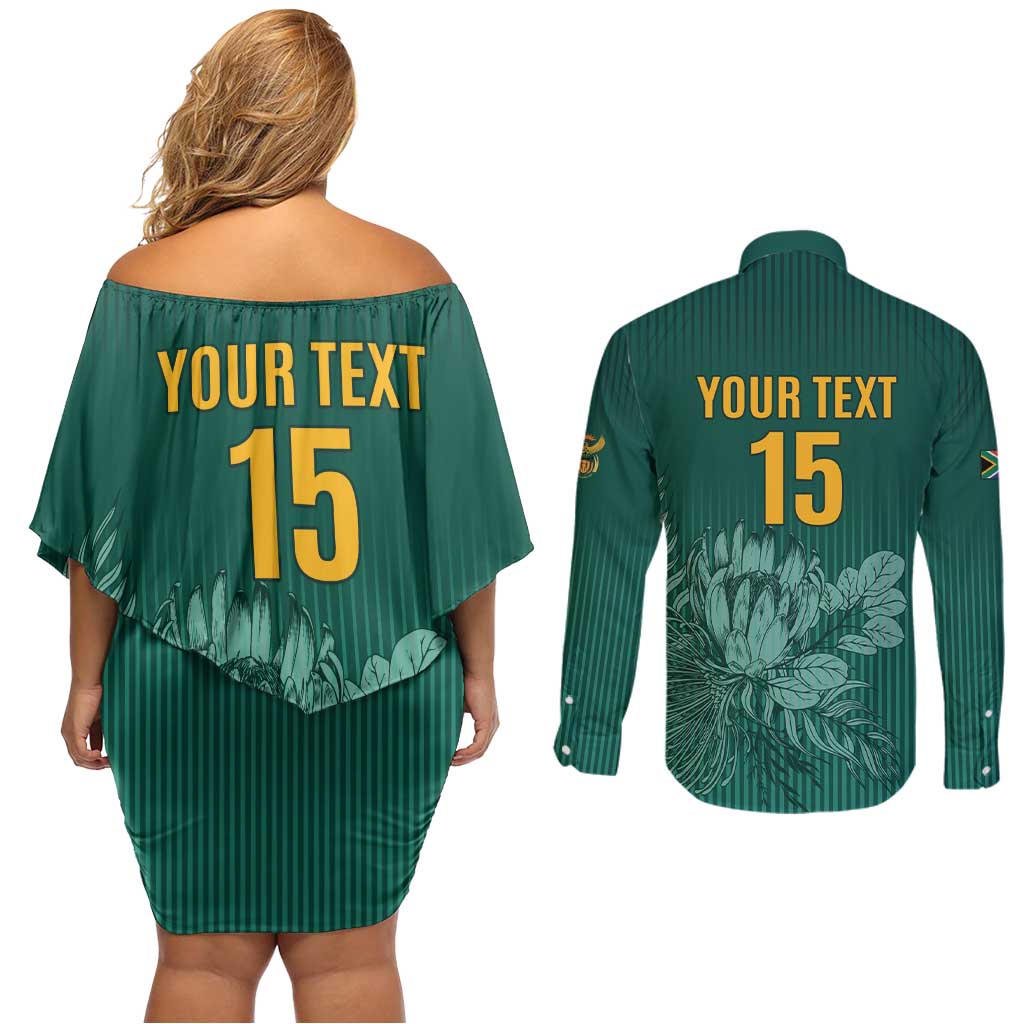Custom South Africa Cricket Couples Matching Off Shoulder Short Dress and Long Sleeve Button Shirt Road To Champions