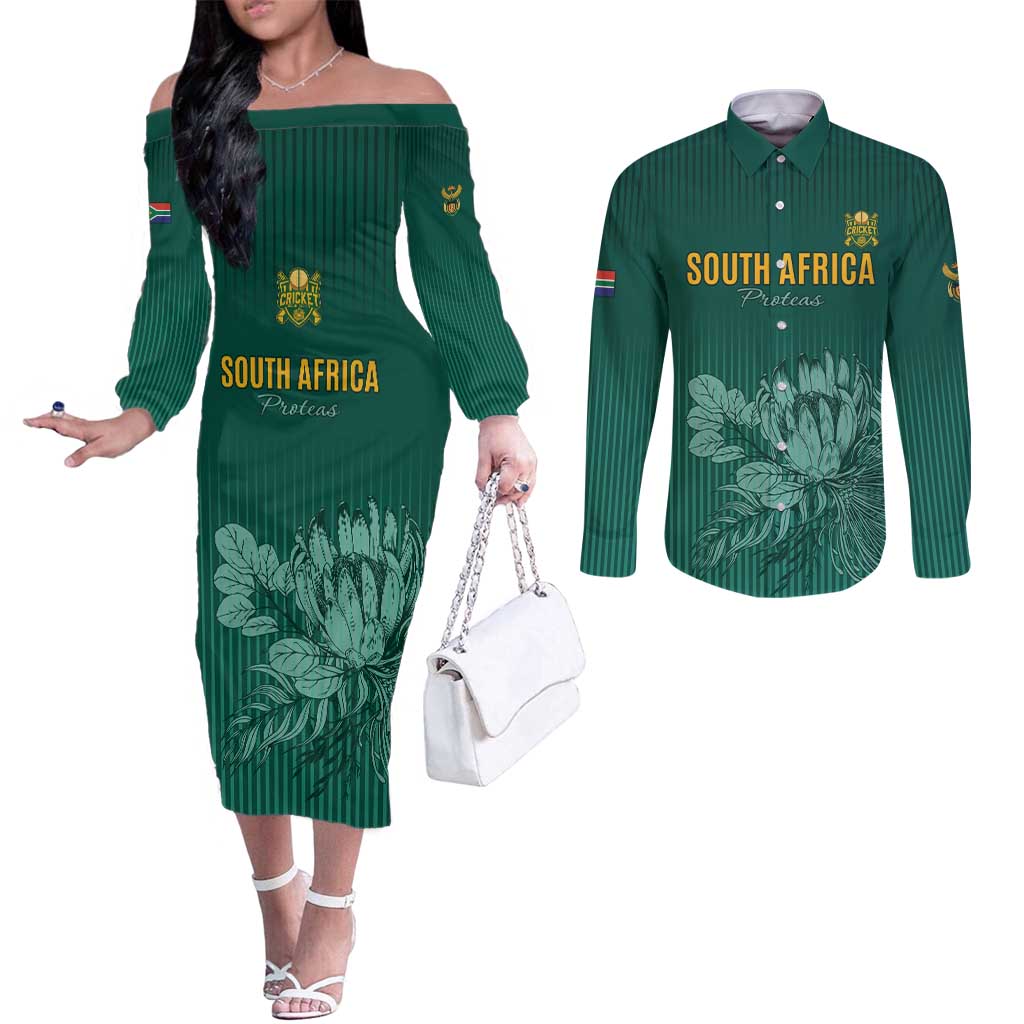 Custom South Africa Cricket Couples Matching Off The Shoulder Long Sleeve Dress and Long Sleeve Button Shirt Road To Champions