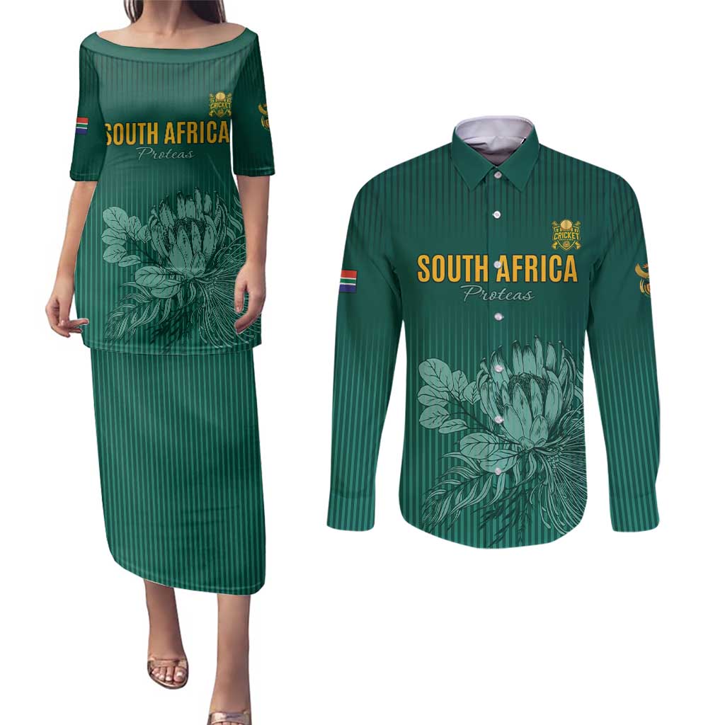Custom South Africa Cricket Couples Matching Puletasi and Long Sleeve Button Shirt Road To Champions