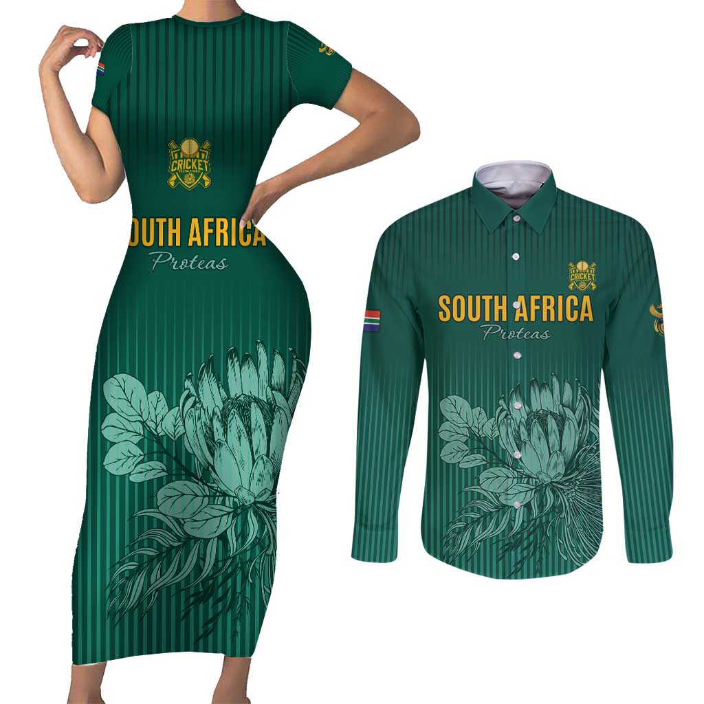 Custom South Africa Cricket Couples Matching Short Sleeve Bodycon Dress and Long Sleeve Button Shirt Road To Champions