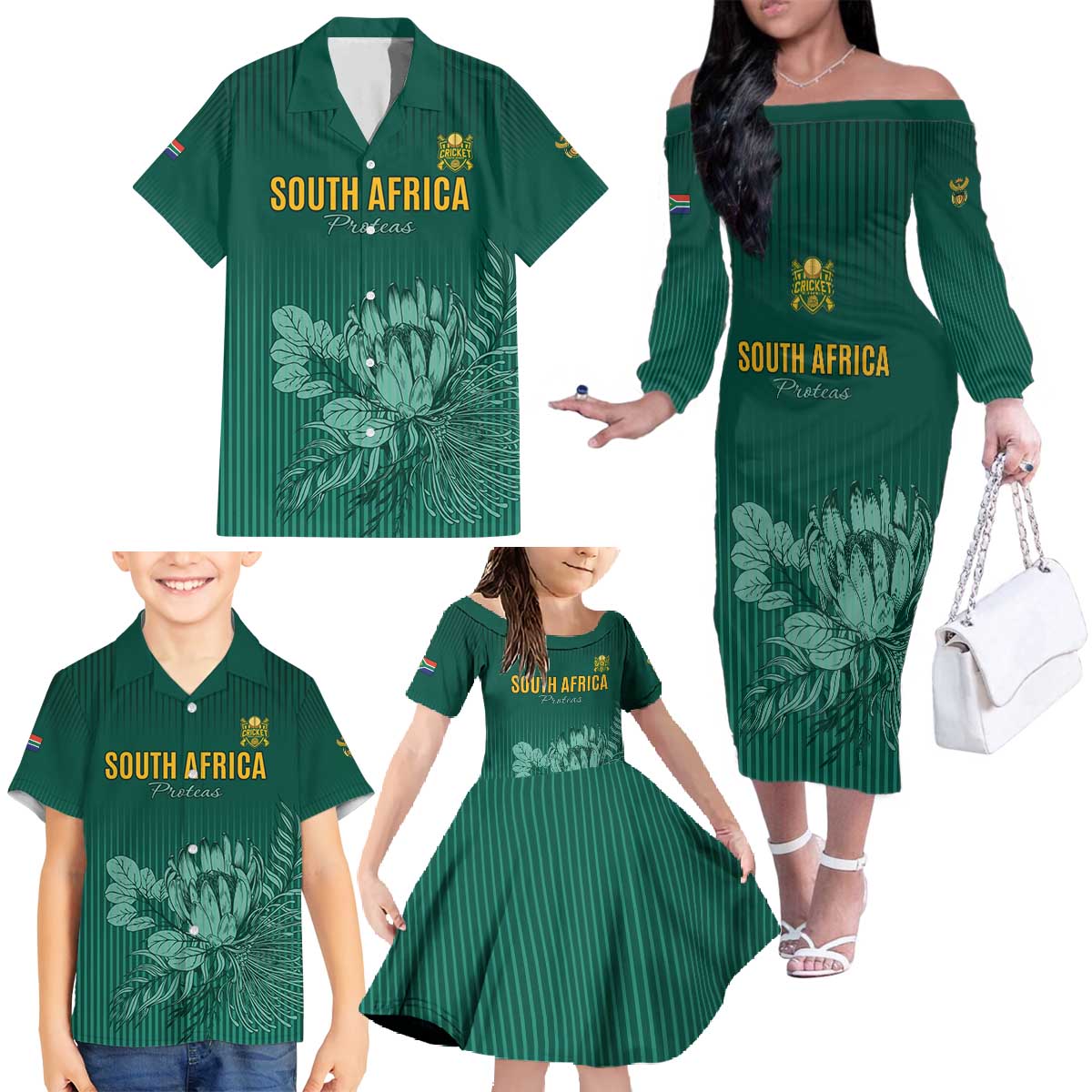 Custom South Africa Cricket Family Matching Off The Shoulder Long Sleeve Dress and Hawaiian Shirt Road To Champions