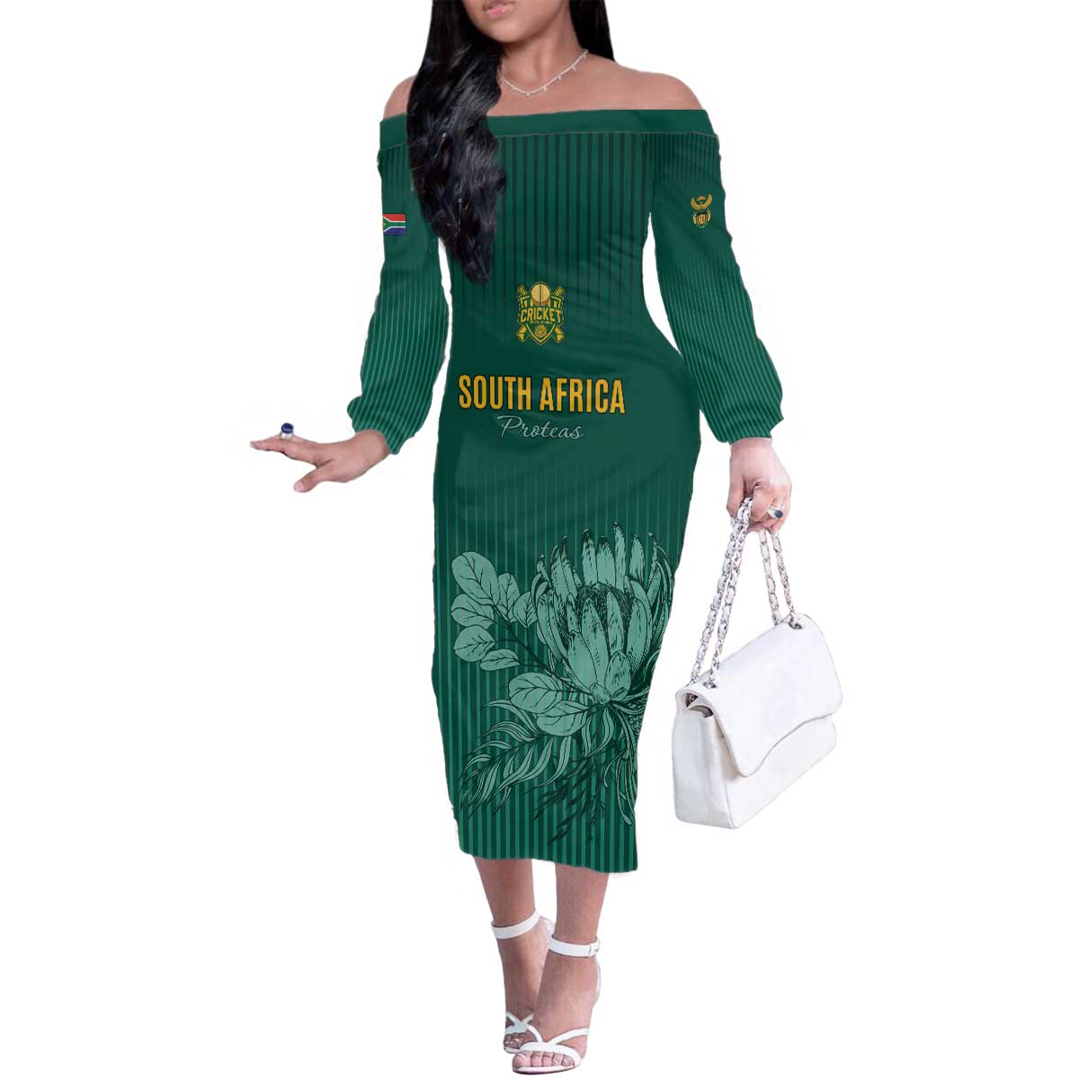 Custom South Africa Cricket Family Matching Off The Shoulder Long Sleeve Dress and Hawaiian Shirt Road To Champions