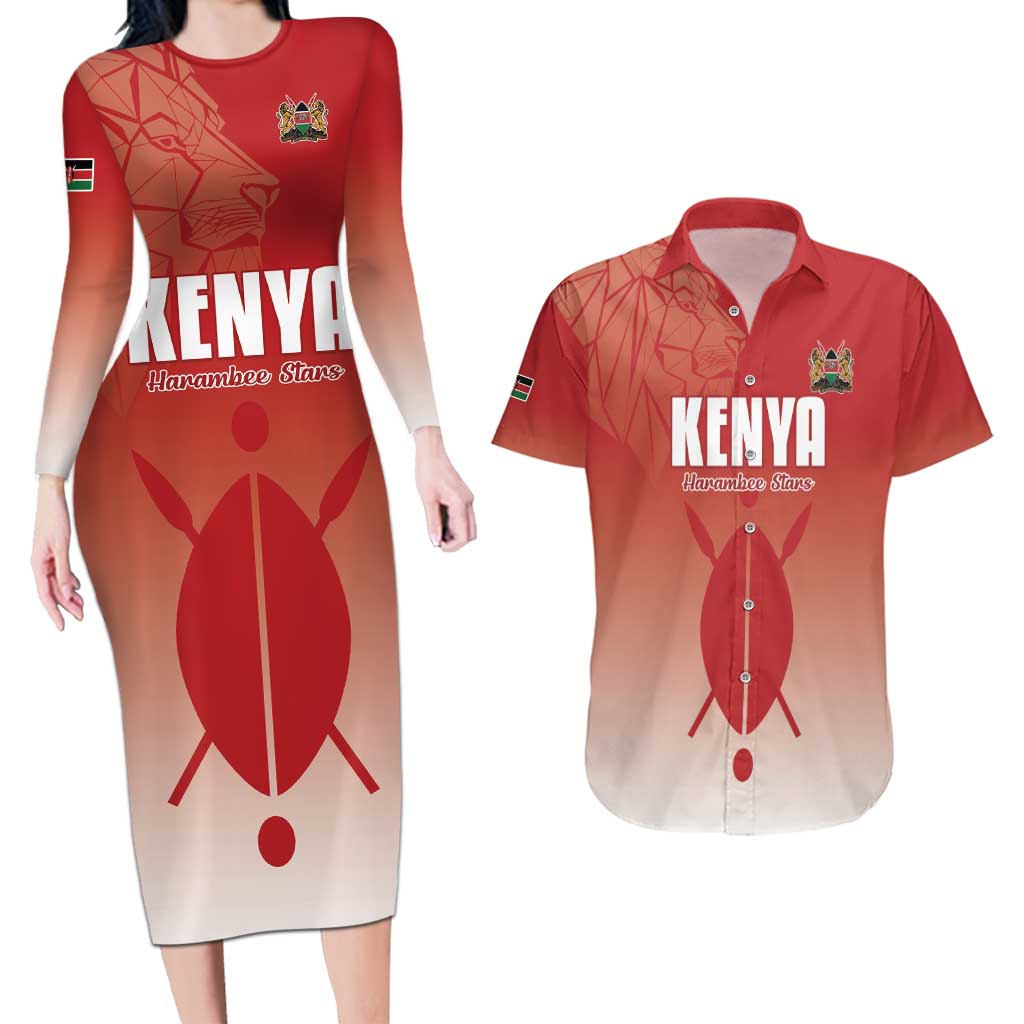 Custom Kenya Football Couples Matching Long Sleeve Bodycon Dress and Hawaiian Shirt Harambee Harambee Stars
