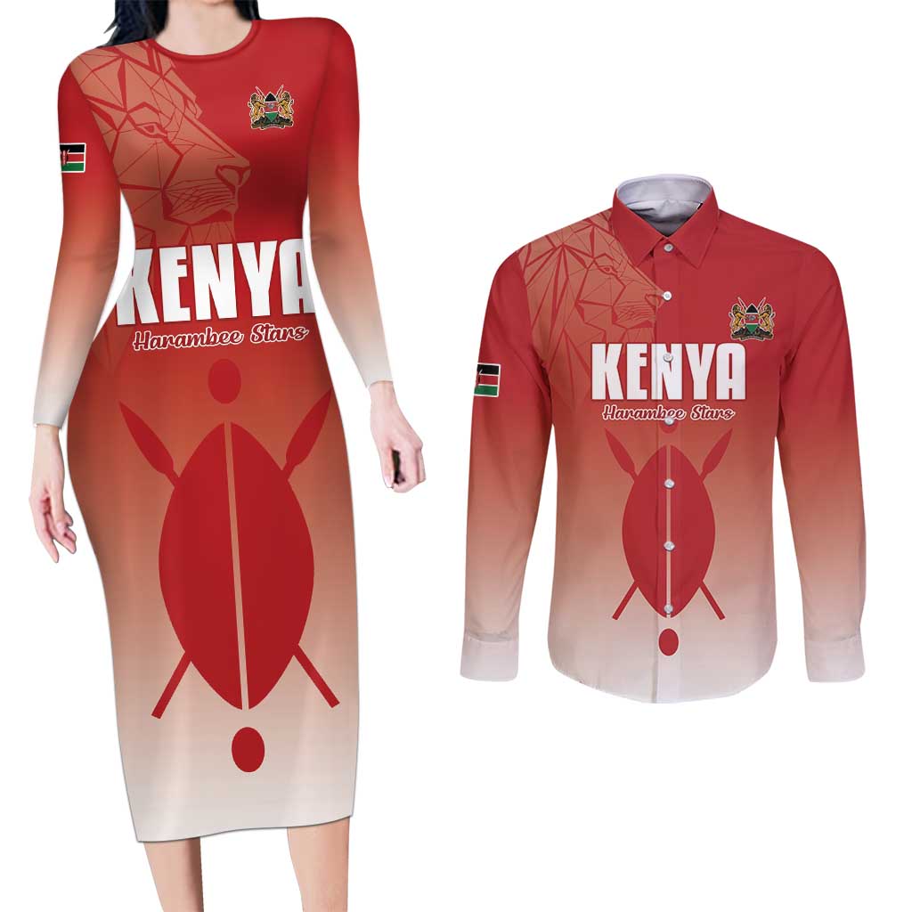 Custom Kenya Football Couples Matching Long Sleeve Bodycon Dress and Long Sleeve Button Shirt Harambee Harambee Stars
