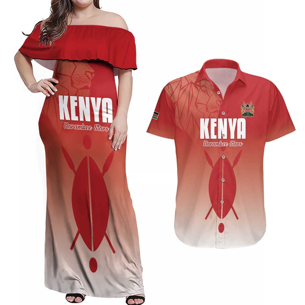 Custom Kenya Football Couples Matching Off Shoulder Maxi Dress and Hawaiian Shirt Harambee Harambee Stars