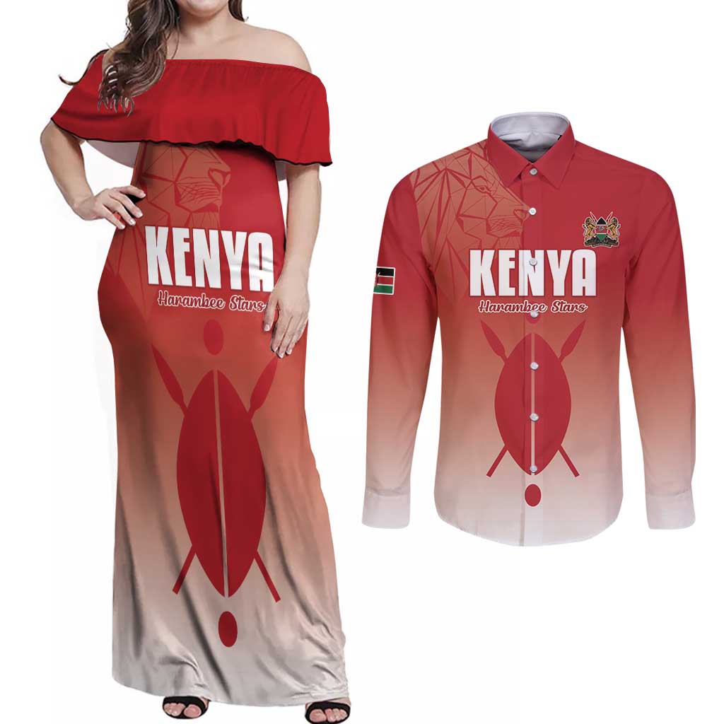 Custom Kenya Football Couples Matching Off Shoulder Maxi Dress and Long Sleeve Button Shirt Harambee Harambee Stars