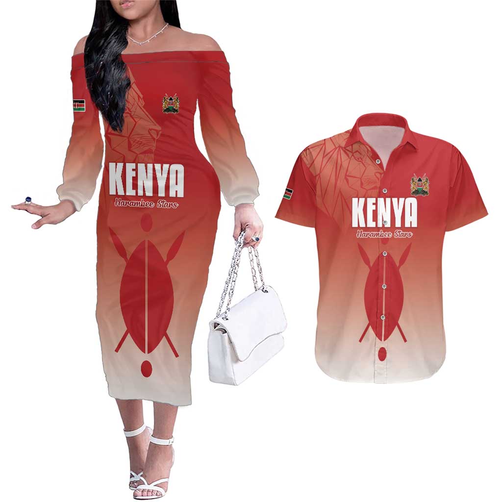 Custom Kenya Football Couples Matching Off The Shoulder Long Sleeve Dress and Hawaiian Shirt Harambee Harambee Stars