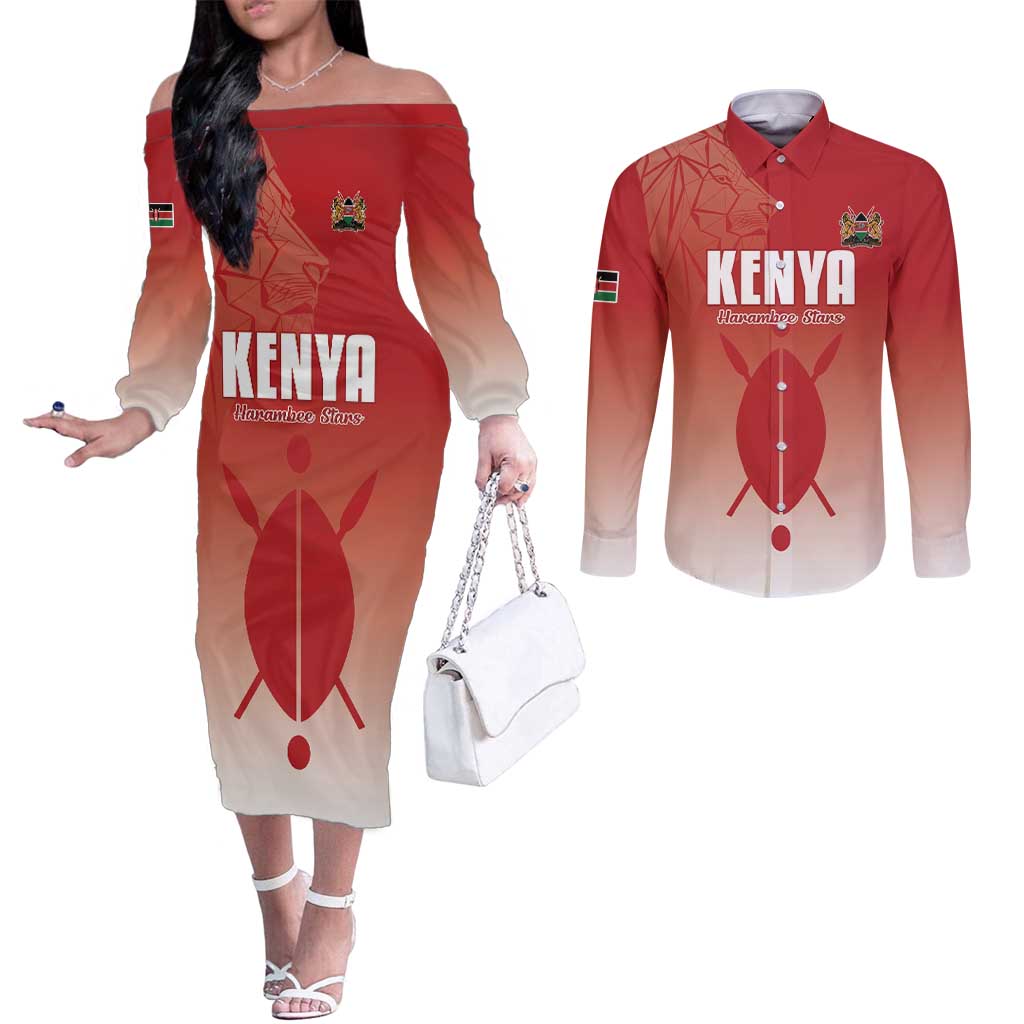 Custom Kenya Football Couples Matching Off The Shoulder Long Sleeve Dress and Long Sleeve Button Shirt Harambee Harambee Stars