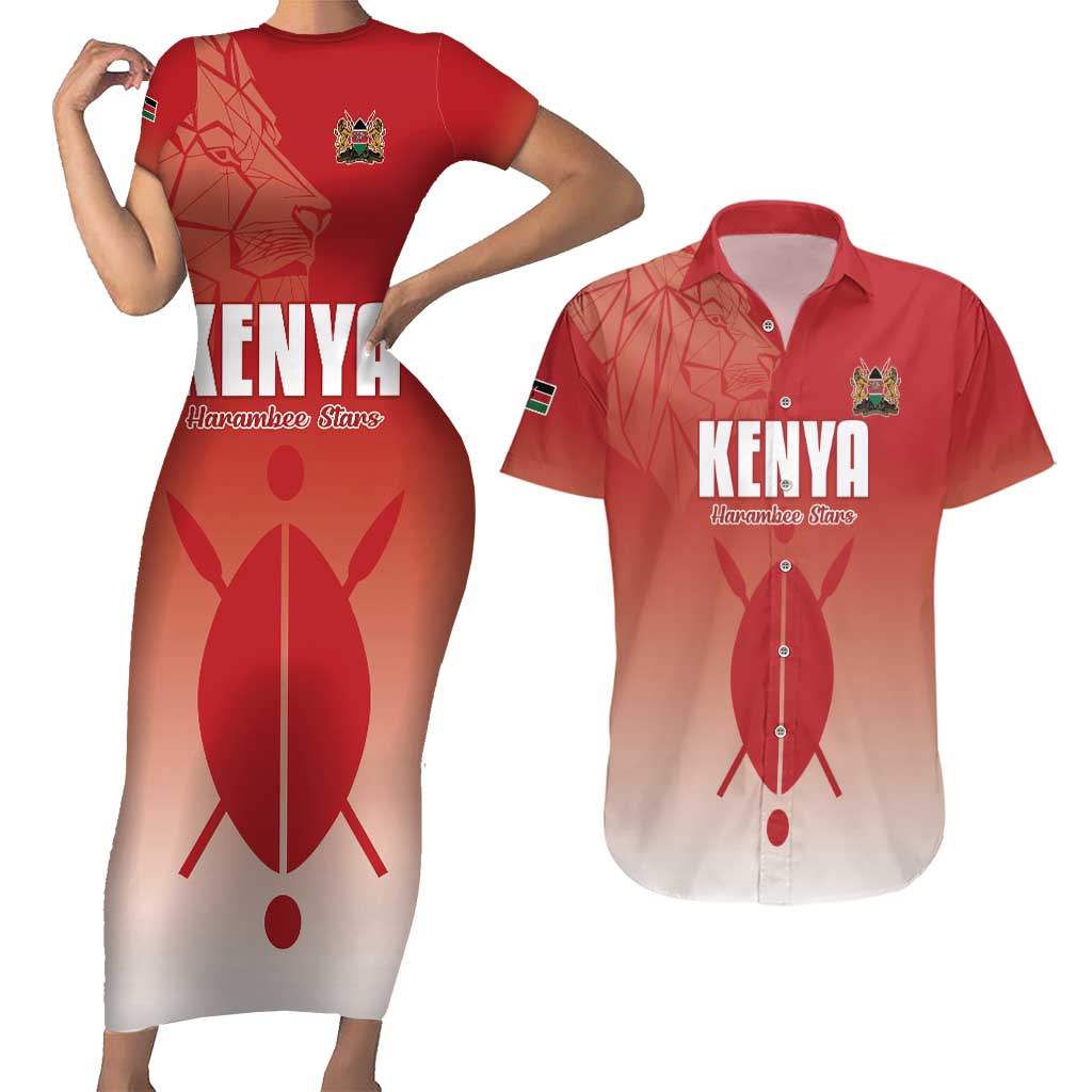 Custom Kenya Football Couples Matching Short Sleeve Bodycon Dress and Hawaiian Shirt Harambee Harambee Stars