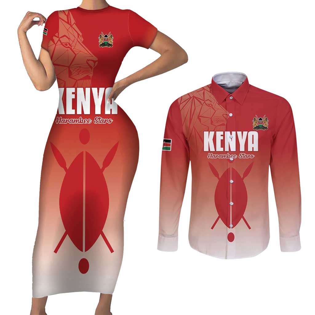 Custom Kenya Football Couples Matching Short Sleeve Bodycon Dress and Long Sleeve Button Shirt Harambee Harambee Stars