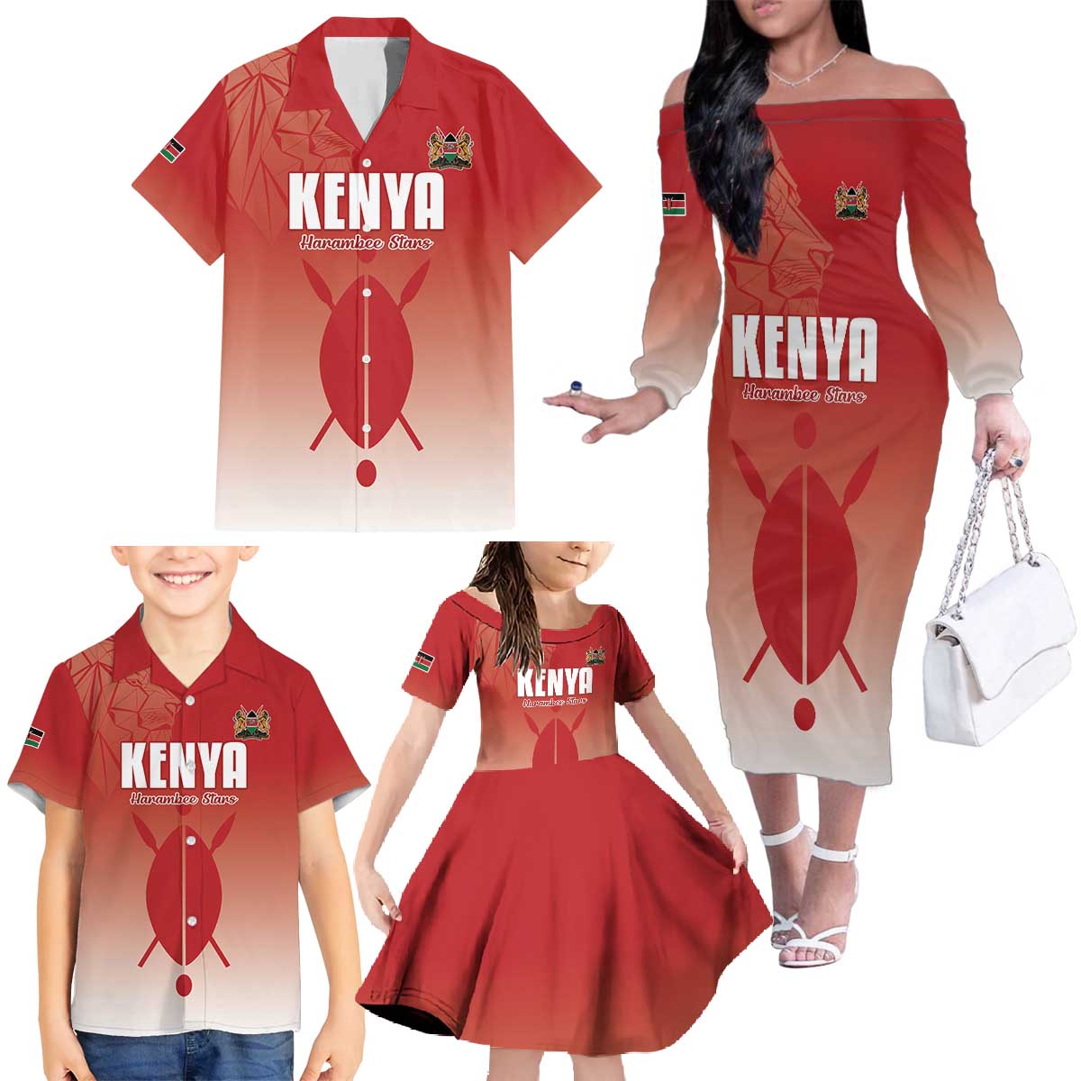 Custom Kenya Football Family Matching Off The Shoulder Long Sleeve Dress and Hawaiian Shirt Harambee Harambee Stars