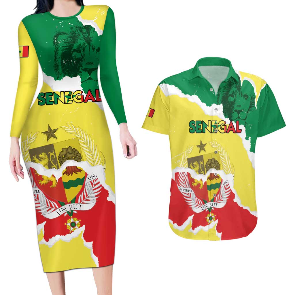 Custom Senegal Beach Soccer 2025 Couples Matching Long Sleeve Bodycon Dress and Hawaiian Shirt Allez Lions de la Teranga