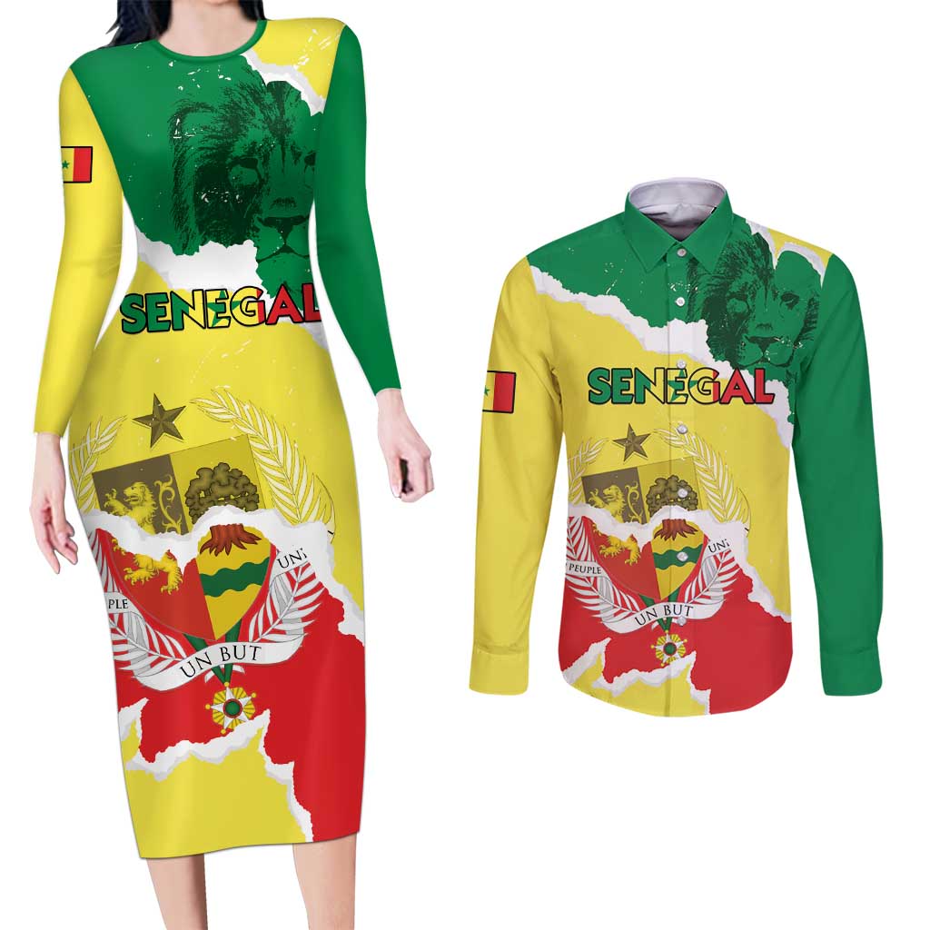 Custom Senegal Beach Soccer 2025 Couples Matching Long Sleeve Bodycon Dress and Long Sleeve Button Shirt Allez Lions de la Teranga