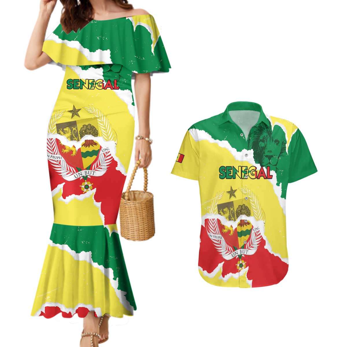 Custom Senegal Beach Soccer 2025 Couples Matching Mermaid Dress and Hawaiian Shirt Allez Lions de la Teranga