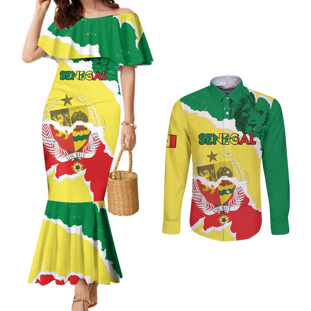 Custom Senegal Beach Soccer 2025 Couples Matching Mermaid Dress and Long Sleeve Button Shirt Allez Lions de la Teranga