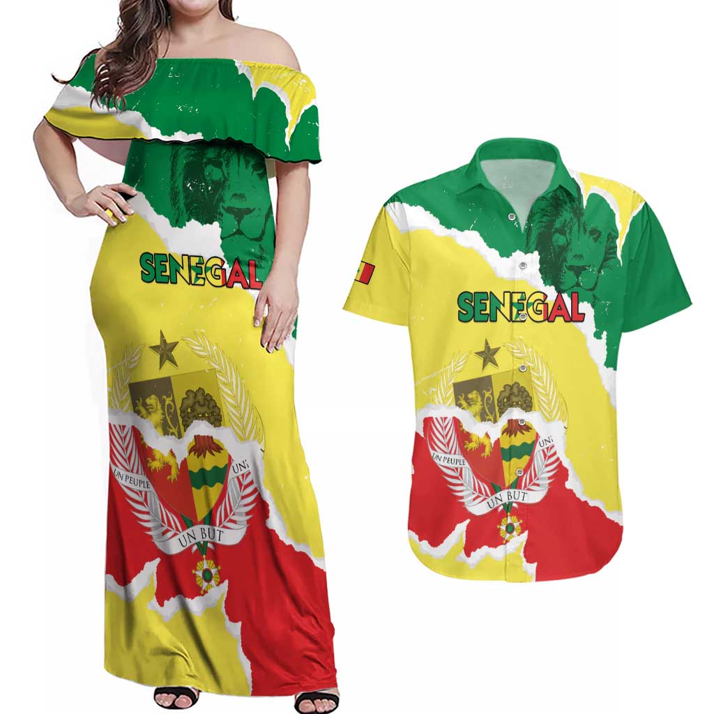 Custom Senegal Beach Soccer 2025 Couples Matching Off Shoulder Maxi Dress and Hawaiian Shirt Allez Lions de la Teranga
