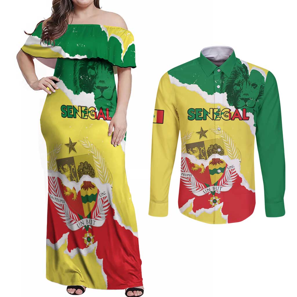 Custom Senegal Beach Soccer 2025 Couples Matching Off Shoulder Maxi Dress and Long Sleeve Button Shirt Allez Lions de la Teranga