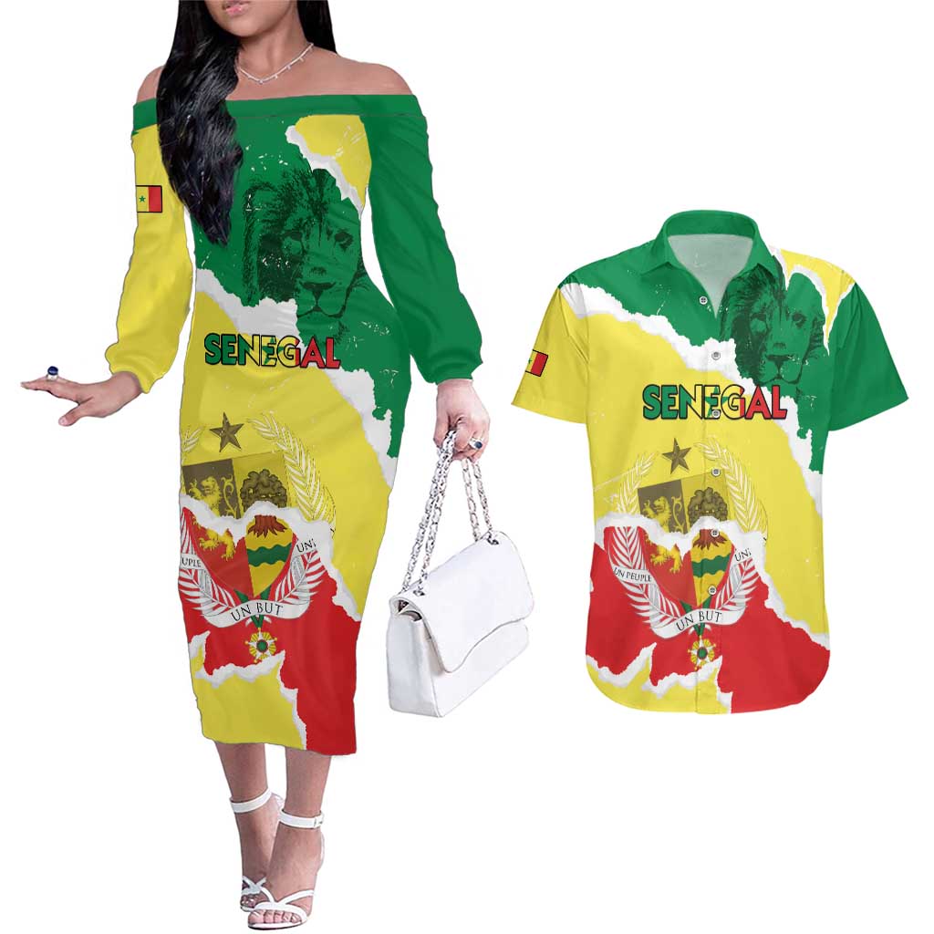 Custom Senegal Beach Soccer 2025 Couples Matching Off The Shoulder Long Sleeve Dress and Hawaiian Shirt Allez Lions de la Teranga