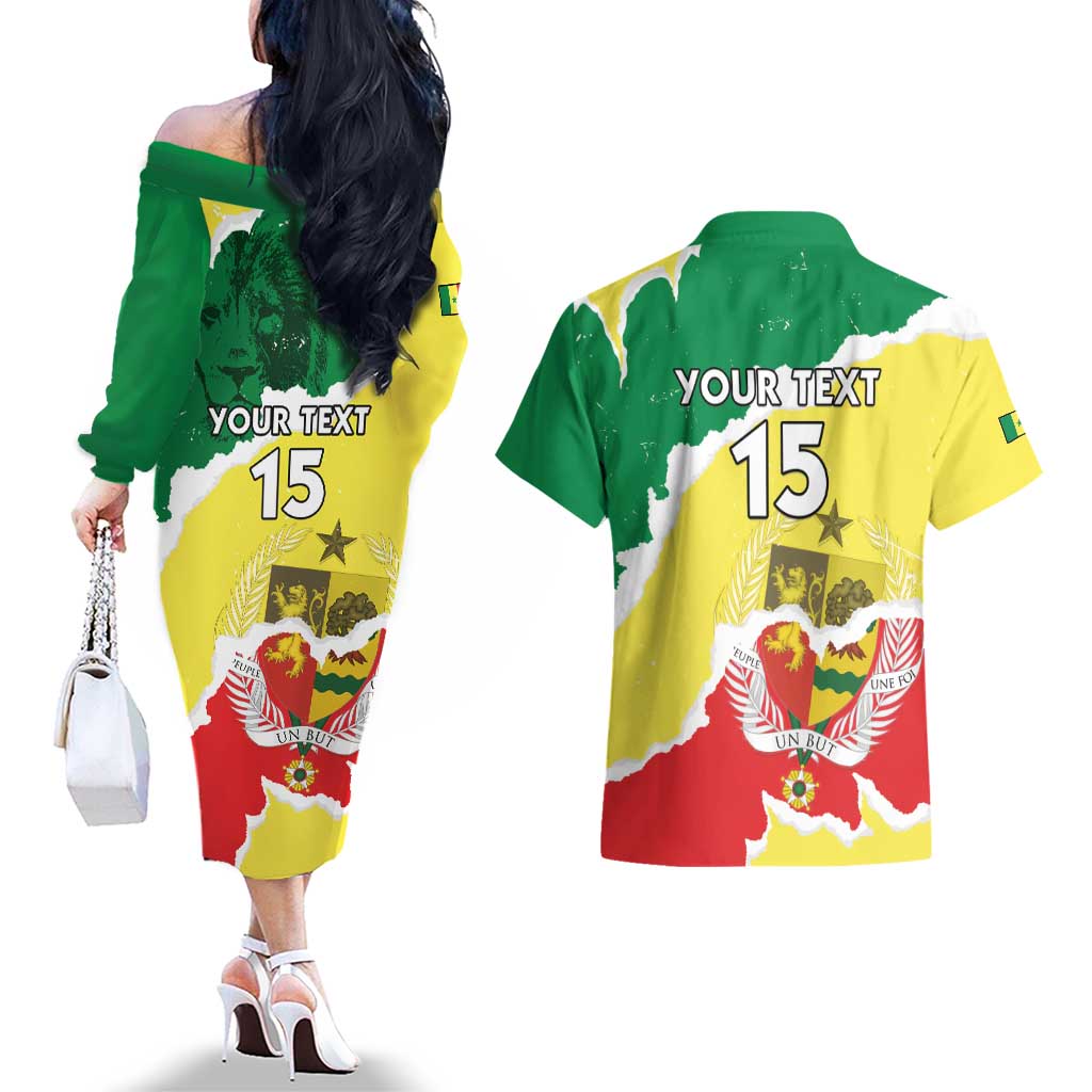 Custom Senegal Beach Soccer 2025 Couples Matching Off The Shoulder Long Sleeve Dress and Hawaiian Shirt Allez Lions de la Teranga