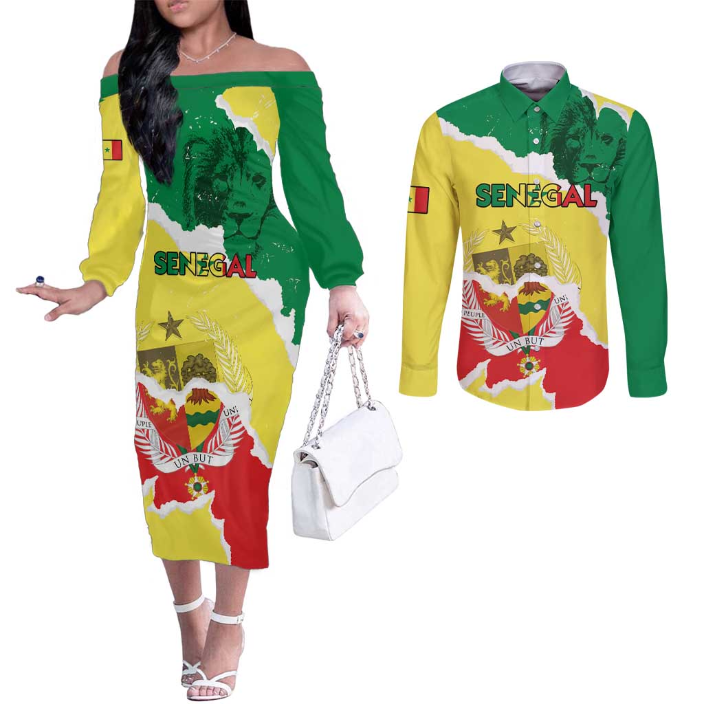 Custom Senegal Beach Soccer 2025 Couples Matching Off The Shoulder Long Sleeve Dress and Long Sleeve Button Shirt Allez Lions de la Teranga
