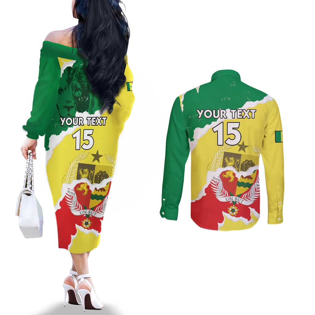 Custom Senegal Beach Soccer 2025 Couples Matching Off The Shoulder Long Sleeve Dress and Long Sleeve Button Shirt Allez Lions de la Teranga