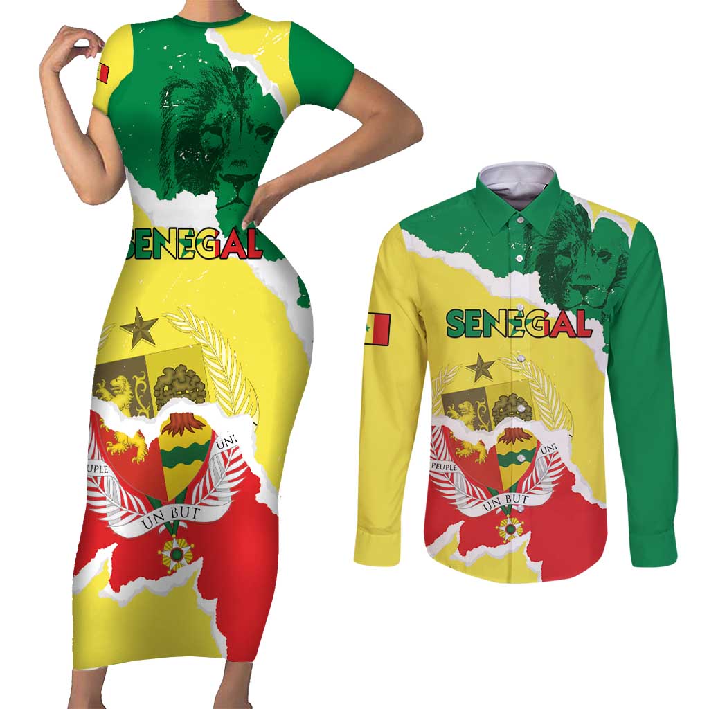 Custom Senegal Beach Soccer 2025 Couples Matching Short Sleeve Bodycon Dress and Long Sleeve Button Shirt Allez Lions de la Teranga