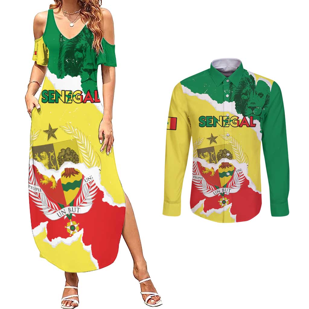 Custom Senegal Beach Soccer 2025 Couples Matching Summer Maxi Dress and Long Sleeve Button Shirt Allez Lions de la Teranga
