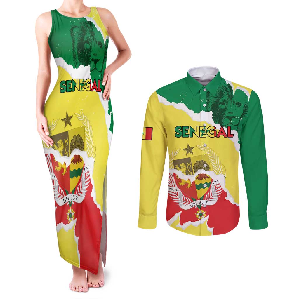 Custom Senegal Beach Soccer 2025 Couples Matching Tank Maxi Dress and Long Sleeve Button Shirt Allez Lions de la Teranga