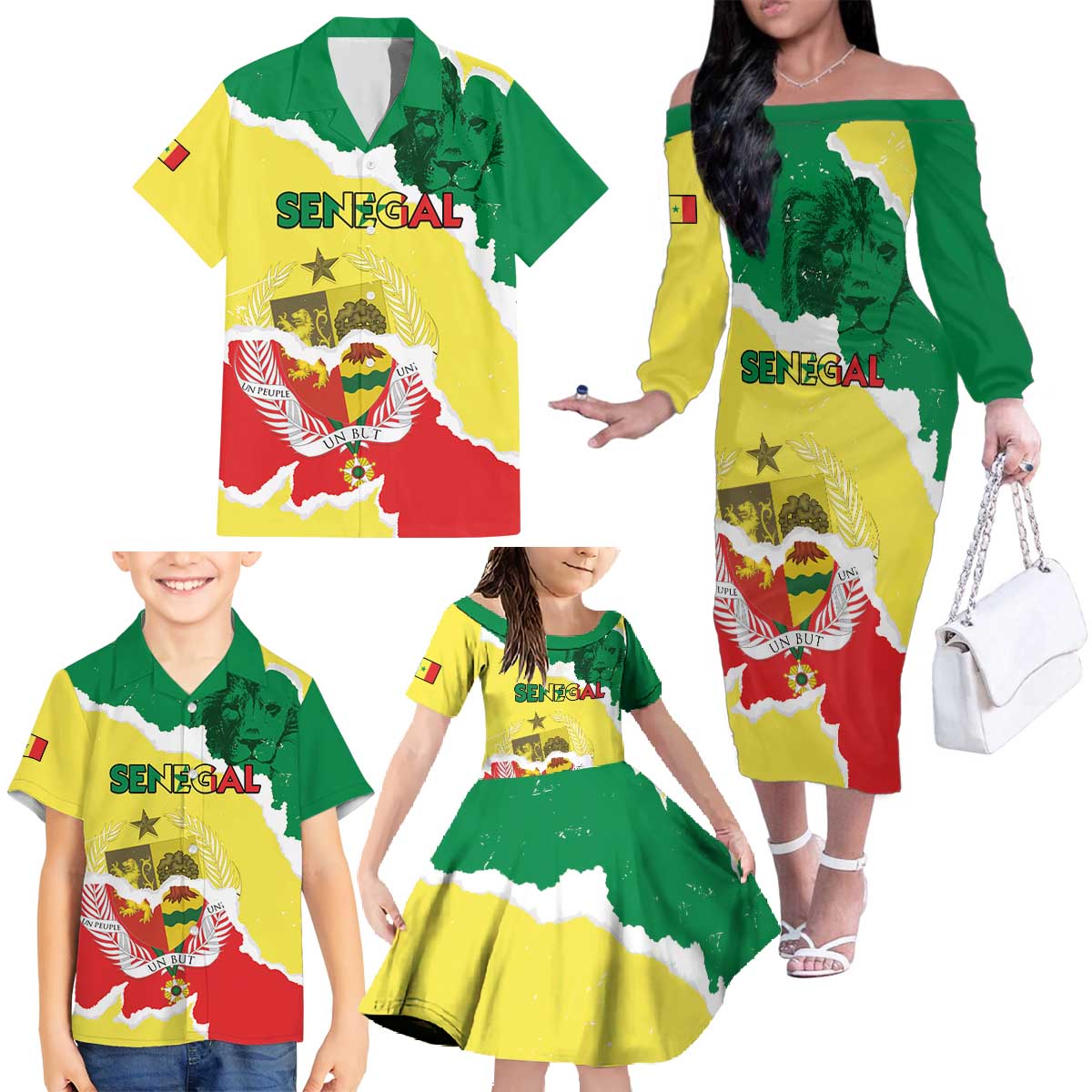 Custom Senegal Beach Soccer 2025 Family Matching Off The Shoulder Long Sleeve Dress and Hawaiian Shirt Allez Lions de la Teranga