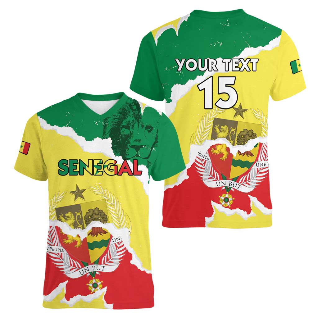 Custom Senegal Beach Soccer 2025 Women V-Neck T-Shirt Allez Lions de la Teranga