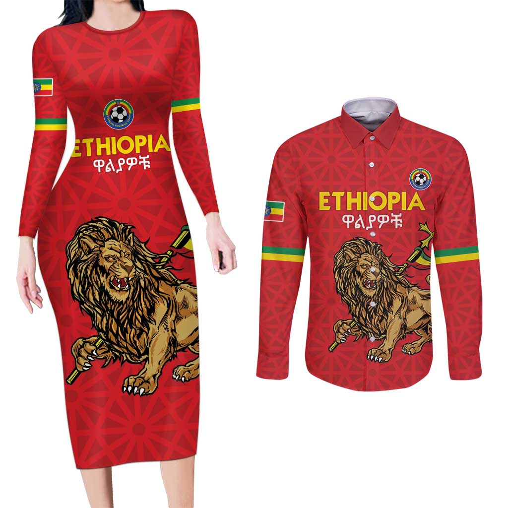 Custom Ethiopia Football Couples Matching Long Sleeve Bodycon Dress and Long Sleeve Button Shirt Come On Walia Ibex
