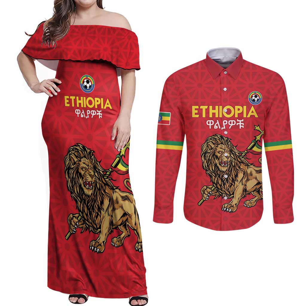 Custom Ethiopia Football Couples Matching Off Shoulder Maxi Dress and Long Sleeve Button Shirt Come On Walia Ibex