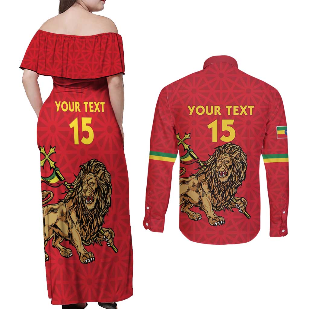 Custom Ethiopia Football Couples Matching Off Shoulder Maxi Dress and Long Sleeve Button Shirt Come On Walia Ibex