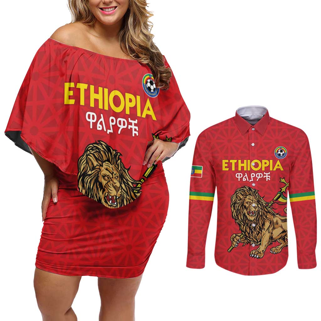Custom Ethiopia Football Couples Matching Off Shoulder Short Dress and Long Sleeve Button Shirt Come On Walia Ibex