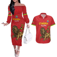 Custom Ethiopia Football Couples Matching Off The Shoulder Long Sleeve Dress and Hawaiian Shirt Come On Walia Ibex