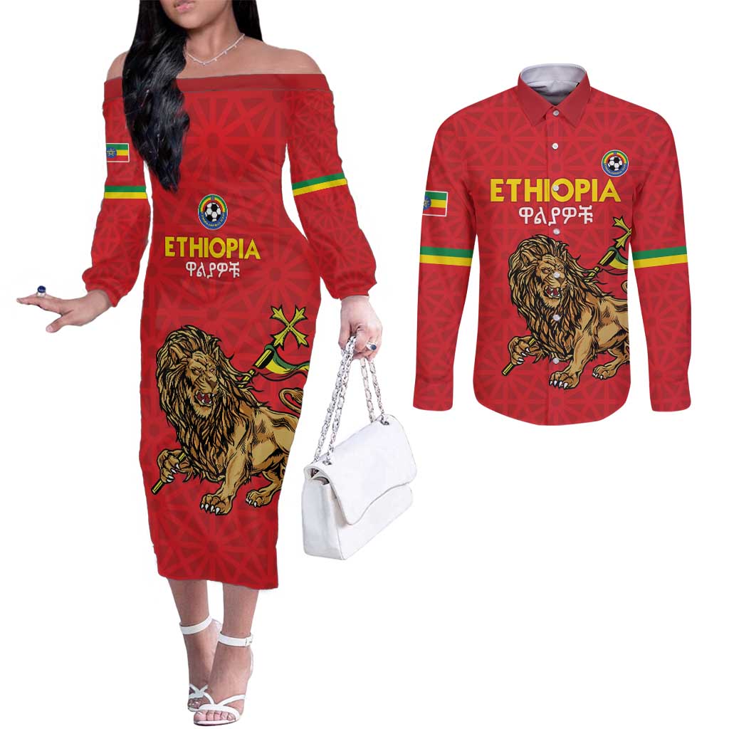 Custom Ethiopia Football Couples Matching Off The Shoulder Long Sleeve Dress and Long Sleeve Button Shirt Come On Walia Ibex