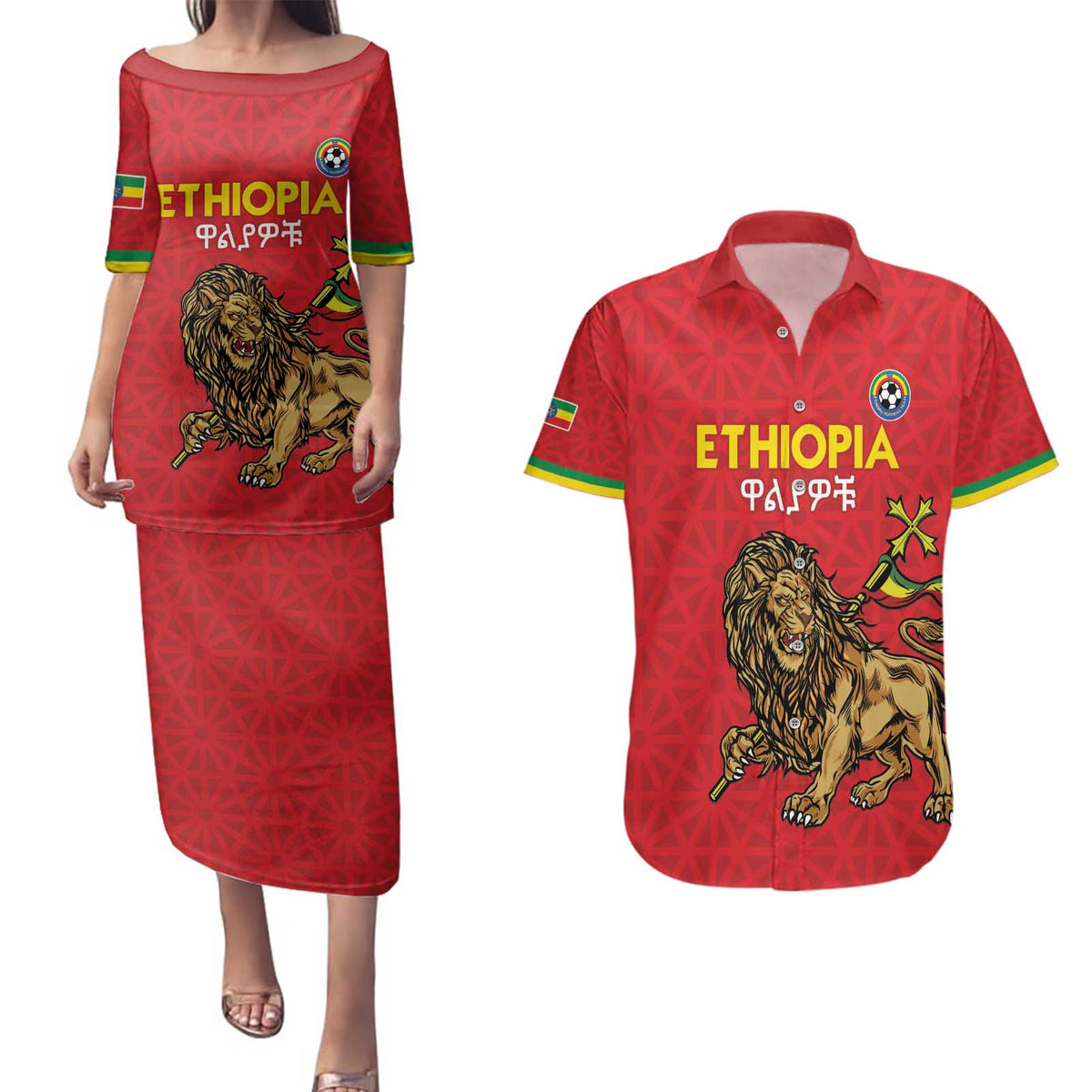 Custom Ethiopia Football Couples Matching Puletasi and Hawaiian Shirt Come On Walia Ibex