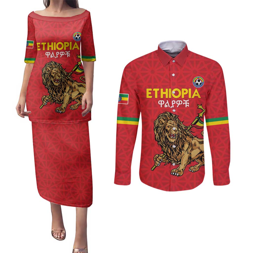 Custom Ethiopia Football Couples Matching Puletasi and Long Sleeve Button Shirt Come On Walia Ibex