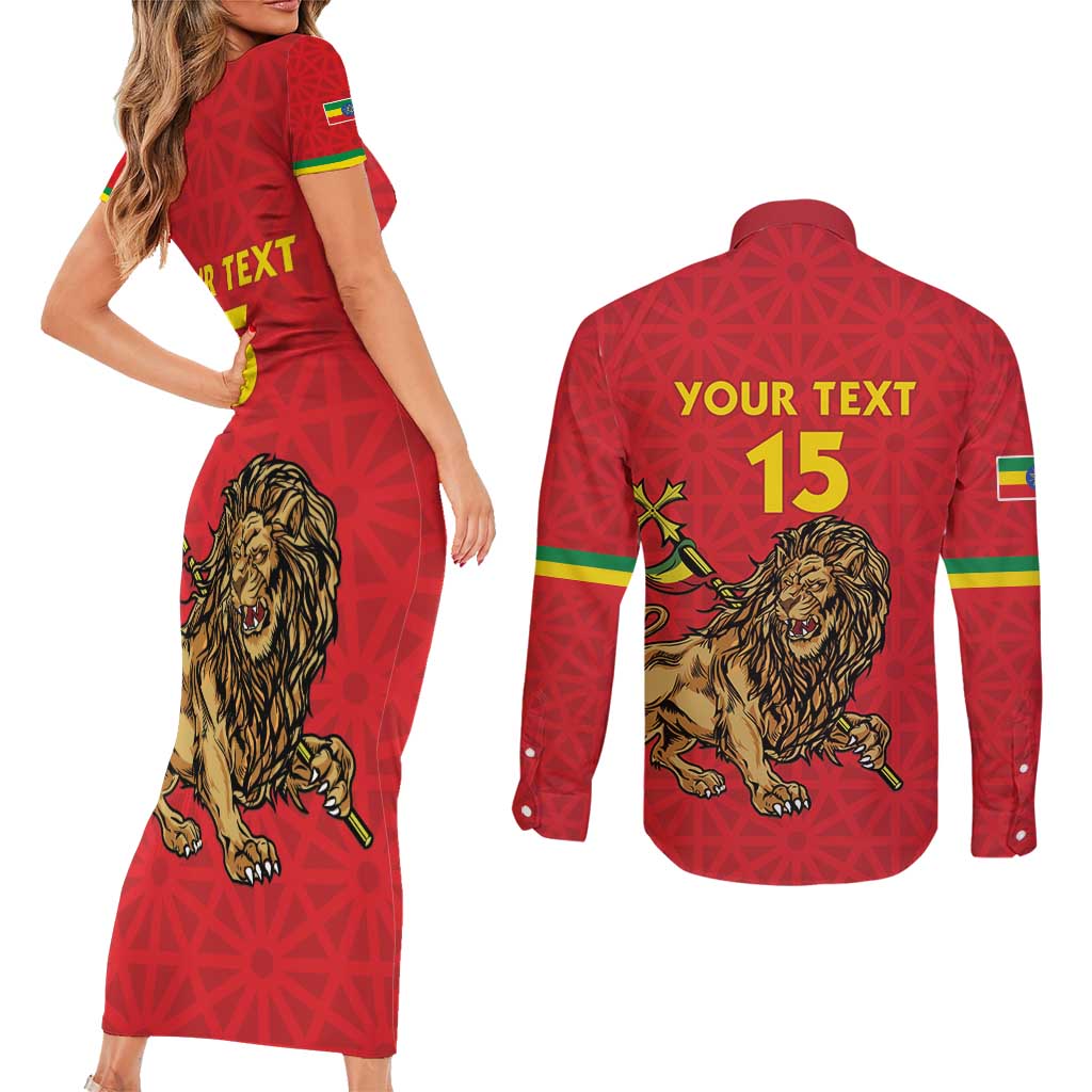 Custom Ethiopia Football Couples Matching Short Sleeve Bodycon Dress and Long Sleeve Button Shirt Come On Walia Ibex