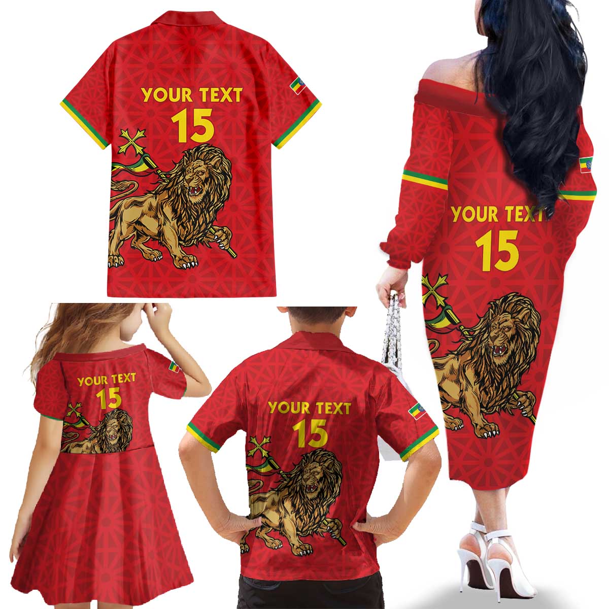 Custom Ethiopia Football Family Matching Off The Shoulder Long Sleeve Dress and Hawaiian Shirt Come On Walia Ibex