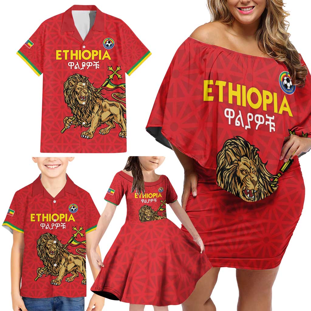 Custom Ethiopia Football Family Matching Off Shoulder Short Dress and Hawaiian Shirt Come On Walia Ibex